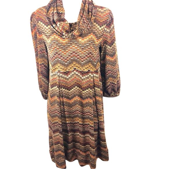 New Directions Orange Green Tan Chevron Print Knit Dress Long Sleeve Cowl Neck - Picture 8 of 16